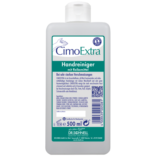 Eine weiße 500 ml Flasche Dr. Schnell CIMOEXTRA Spenderflaschen Hautreinigung der DR.SCHNELL GmbH & Co. KGaA, mit Flip-Top-Verschluss, blauer und grüner Schrift, Barcode auf der Vorderseite und überwiegend deutscher Kennzeichnung für hautfreundliche Reinigung.