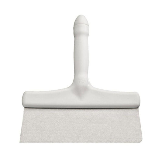 Der Haug Bürsten KG HANDSCHABER M.KUNSTSTOFF-GRIFF EDELSTAHLSCHABER (250x290x30mm) hat einen weißen Kunststoffgriff und eine flache Klinge aus rostfreiem Stahl zum Schneiden oder Schaben von Teig, abgebildet auf einem schlichten weißen Hintergrund.