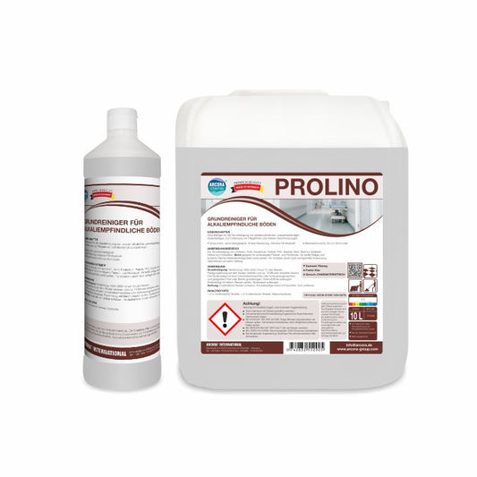 Abgebildet sind zwei Behälter von Arcora PROLINO GRUNDREINIGER FÜR ALKALIEMPFINDLICHE BÖDEN der Arcora International GmbH: eine hohe weiße Flasche mit schmalem Hals und ein größerer Kanister mit Griff, beide mit Produktetiketten und Warnhinweisen versehen.