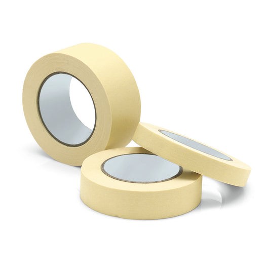 Drei Rollen Nölle Profi Brush Maler Abdeckband von Nölle Profi Brush Bürsten- & Pinseltechnik e.K. in beige sind auf weißem Grund abgebildet - zwei stehend, eine liegend - mit sichtbaren Pappkernen, ideal für präzise Farbkanten und Profiarbeiten.