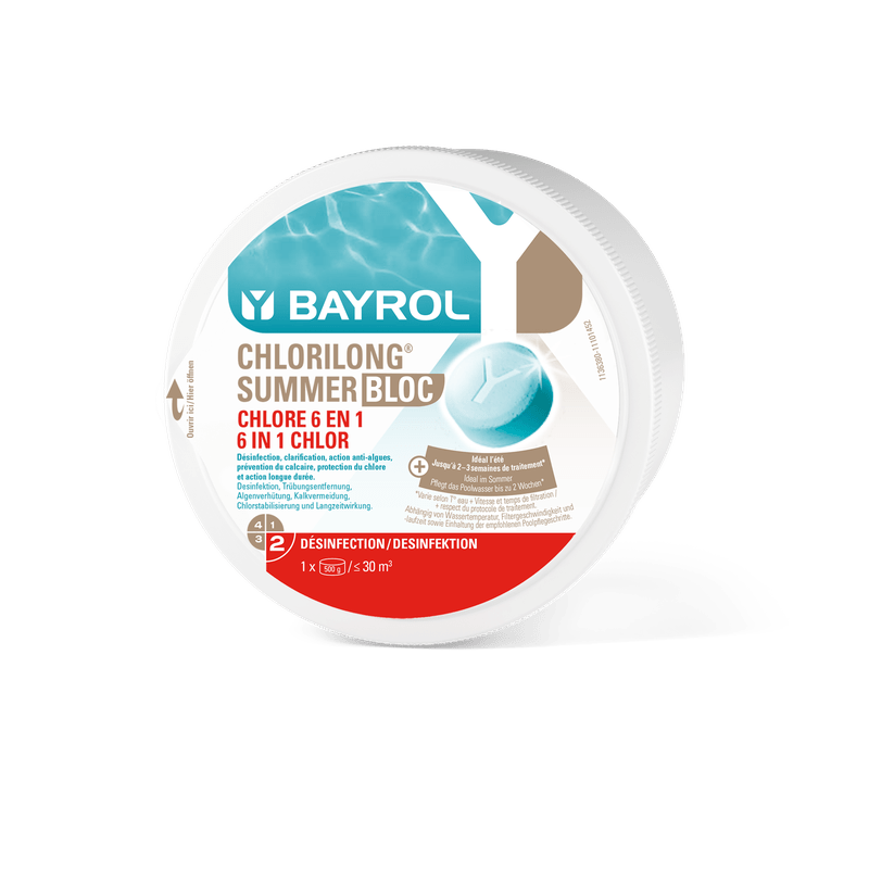 BAYROL Chlorilong Summer Bloc 0,5 kg 6en1 Entretien de la piscine pour une eau cristalline | Emballage (500 g)