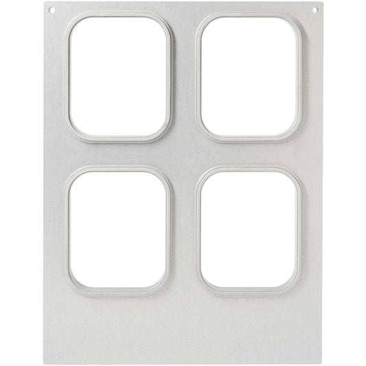 Die Kassette für PP-Schälchen 350-630 ml, 4-nutzig von Duni GmbH ist eine rechteckige Metallschale mit vier abgerundeten Vertiefungen in 2x2 Anordnung und zwei kleinen Löchern an den oberen Ecken zur praktischen Aufbewahrung.