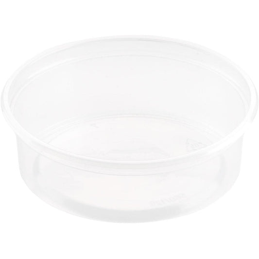 Ein klarer, runder Delipack Transparent PP 101x101 Behälter von Duni GmbH (Packung 50 Stück), glatte Seiten, ohne Deckel, ideal für Lebensmittelaufbewahrung, leer vor weißem Hintergrund dargestellt.