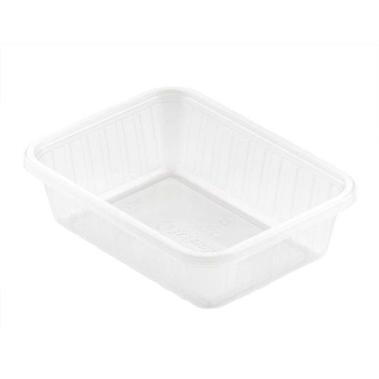 Abgebildet ist eine Fixpack® rechteckig Transparent PP 146x110mm Aufbewahrungsbox der Duni GmbH mit gerippten Seiten und ohne Deckel auf weißem Hintergrund.