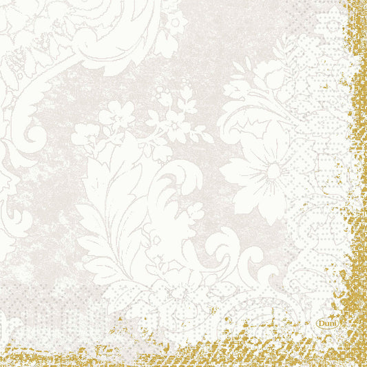 Weiße Blumen- und Blattmuster auf hellem Beige, mit einer goldenen Glitzerbordüre an zwei Kanten. Die Zellt.-Servietten 33x33 cm, 3-lagig (50er-Pack) der Duni GmbH sind im Vintage-Stil mit Spitze und dem Schriftzug "Duni" in der rechten unteren Ecke gestaltet.