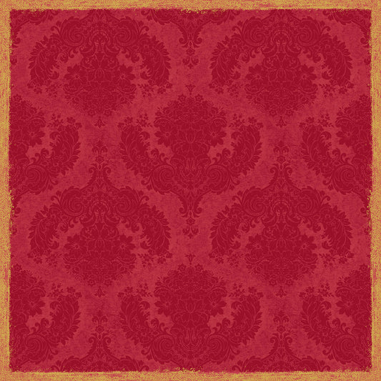 Die Dunisilk+ Tischdecke 84x84 cm in Royal Bordeaux von Duni GmbH zeigt ein rotes Vintage-Damast-Design mit strukturiertem Goldrand und verschnörkelten Blumenmotiven. Sie wird in Packungen mit 20 Stück geliefert und eignet sich perfekt für elegante Tischdekorationen.