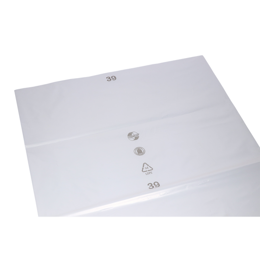 Eine transparente EMIL DEISS KG-Platte (Modell DEISS 19101, 700x1100x0,1 mm) liegt flach auf weißem Grund und ist mit grauen Recycling-Symbolen und der Zahl 39 bedruckt.