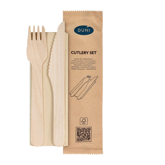 Das 3/1 Besteck Set aus Holz von Duni GmbH mit Gabel, Messer und natürlicher, gewachster brauner Serviette (160x160 mm) ist in einer Packung mit 250 Stück erhältlich - ideal für nachhaltigen Genuss.