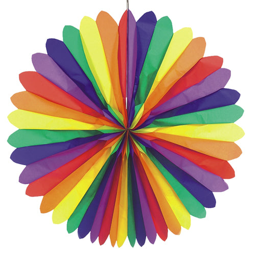 Die PAPSTAR Dekofächer "Rainbow" (Ø 120 cm, schwer entflammbar) der PAPSTAR GmbH zeigen abwechselnd rote, orange, gelbe, grüne, blaue und violette Abschnitte in einem symmetrischen, runden Design und sind auf weißem Hintergrund abgebildet.