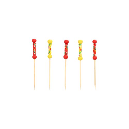 PAPSTAR Fingerfood-Picker "Mexico" (7,5 cm), 40er-Pack, von PAPSTAR GmbH - perfekt für Partys und die stilvolle Präsentation von Speisen mit dekorativen roten und gelben Perlengriffen.