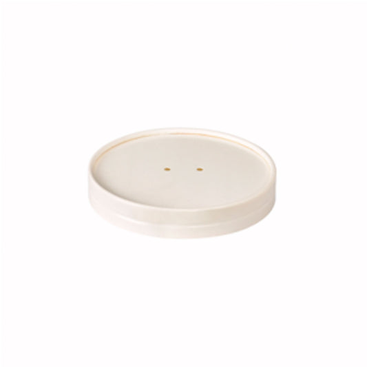Ein runder, flacher, cremefarbener Coppa Deckel Karton 250/350 ml Weiß von Duni GmbH (116x116x10 mm, 50 Stück) mit zwei kleinen Löchern in der Nähe der Mitte ist auf einem schlichten weißen Hintergrund abgebildet.