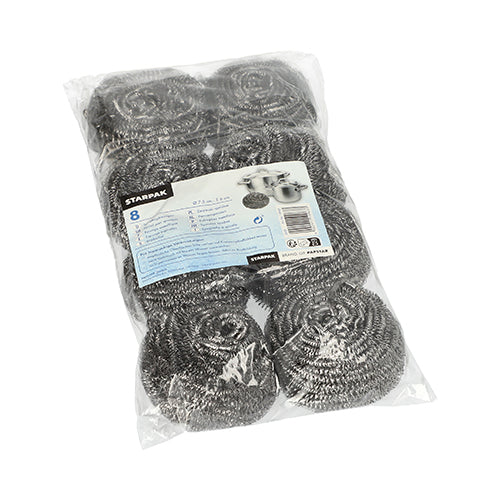 Eine durchsichtige Plastikpackung mit acht Starpak Spiraltopfreinigern, Edelstahl Ø 7,5 cm · 6 cm, kratzend | Folie (8 Stück), mit einem blau-weißen Etikett mit Produktdetails und Topfbildern für eine effiziente Reinigung.
