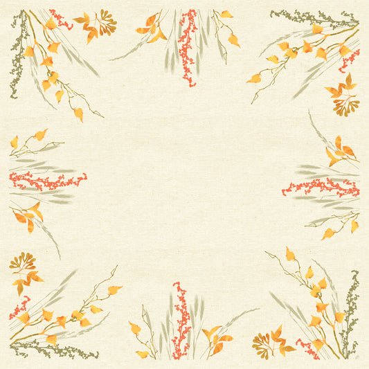Die Dunisilk+Mitteldeckeecke 84x84cm Fall Beauty der Duni GmbH hat einen beigen, quadratischen Rahmen mit orangefarbenen, gelben und roten Blumenmustern an jeder Ecke. Ein 20er-Pack - perfekt, um herbstliche Themen hervorzuheben und die Mitte für Inhalte offen zu lassen.