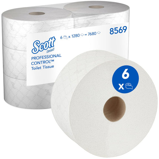 Eine Packung Scott® Control™ Toilettenpapier der Kimberly-Clark GmbH enthält 6 weiße Rollen (je 314 m, 1280 Blatt/Rolle) mit zentraler Entnahme und einem Etikett mit Produktangaben und blau hervorgehobenem "6 x".