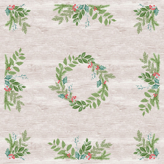 Die Dunicel-Mitteldecke 84x84cm Winter Greenery von Duni GmbH zeigt grüne Blätterkränze mit roten Beeren auf einem hellen holzstrukturierten Hintergrund, ideal als umweltfreundliche Tischdecke für winterliche Zusammenkünfte. Die Packung enthält 20 Stück.