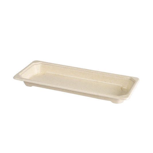 Das Sushi Tray Slim der Duni GmbH ist ein rechteckiges, flaches Tablett aus brauner, PLA-beschichteter Bagasse (221x92x22mm) mit leicht erhabenen Rändern und glatter Oberfläche; erhältlich in 100er-Packungen, abgebildet auf weißem Hintergrund.