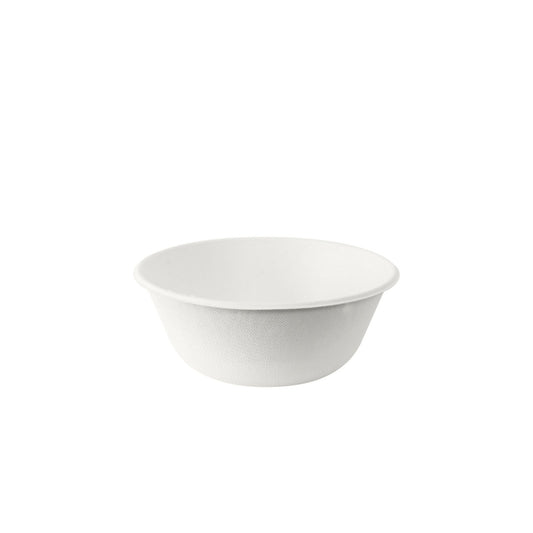 Ein schlichter, weißer Coppa Bowl 500 ml (140x140x57 mm) von Duni GmbH steht mittig auf einem weißen Hintergrund. Diese umweltfreundliche Einwegschale (50er-Packung) aus unbeschichteter Bagasse hat eine glatte Textur ohne sichtbare Markierungen oder Muster.