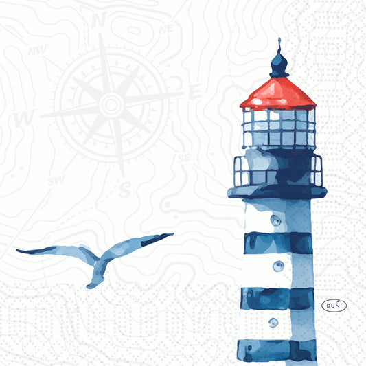 Ein aquarellgestreifter Leuchtturm mit rotem Dach und fliegendem Vogel ziert die Zellt.-Serv. 33 3lg 1/4 Meer Freude Servietten (Duni GmbH, 250 Stück) mit einer Windrose und Kartenlinien - ideal für eine maritime Tischdekoration.