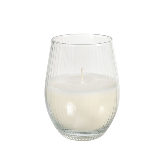 Der Kerzengläser Ritz von Duni GmbH (12,5 cm, Ø76 mm, weiß) ist ein eleganter Teelichthalter aus klarem, geripptem Glas mit weißem Wachs und einem Docht - hochwertige Verarbeitung in schlichtem Design.