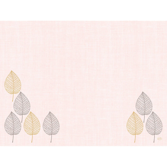 Ein blassrosa strukturierter Hintergrund mit gold und schwarz umrandeten Blättern in den unteren Ecken - ideal, um die Bio-Dunicel-Sets 30x40 Aspen | Packung (100 Stück) der Duni GmbH hervorzuheben. Die Mitte ist leer für zusätzliche Betonung.