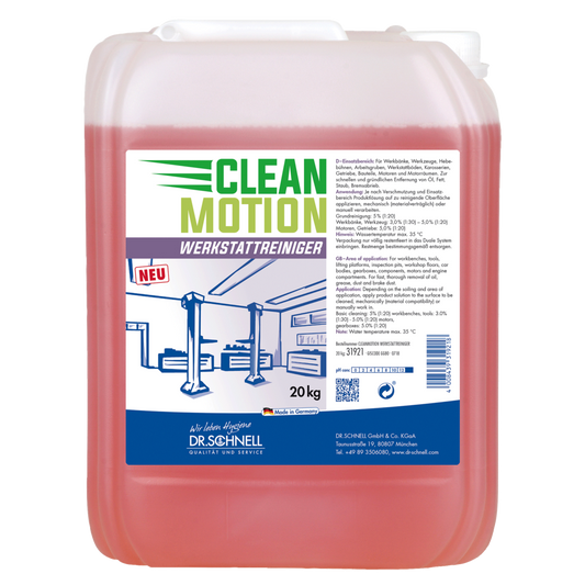 Ein 20 kg Kunststoffbehälter der DR.SCHNELL GmbH & Co. KGaA Dr. Schnell CLEANMOTION WERKSTATTREINIGER mit roter Flüssigkeit und einem Etikett mit Produktangaben, Anweisungen und einer Werkstatt mit Hebebühnen für eine effektive Reinigung.