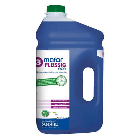 Eine große Kunststoffflasche mit grünem Verschluss enthält eine blaue Flüssigkeit. Auf dem Etikett steht "Dr. Schnell MAFOR FLÜSSIG 3 ECO Klarspüler für Geschirrspülmaschinen" von DR.SCHNELL GmbH & Co. KGaA und zeigt deutschen Text und Zertifizierungslogos.