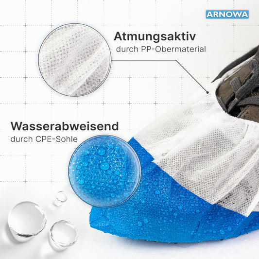 Die Nahaufnahme des ARNOMED CPE/PP Schuhüberziehers der ARNOWA GmbH zeigt einen Schuh mit atmungsaktivem PP-Obermaterial und wasserdichter, wasserabweisender CPE-Sohle mit sichtbaren Wassertropfen im blauen Bereich. Der Beutel enthält 50 Stück.