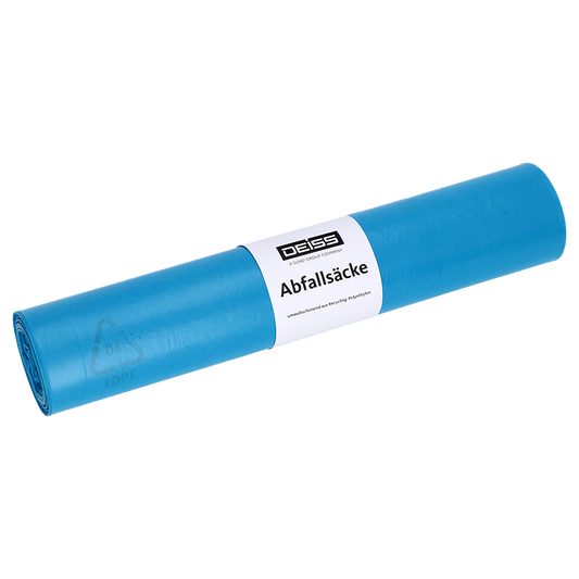 Eine gerollte Packung DEISS 50702 blaue Müllsäcke (575x1000x0,016 mm, 50 Stück) von EMIL DEISS KG (GmbH + Co.), mit einem weißen "Abfallsäcke"-Etikett und "DEISS Müllsäcke" auf weißem Hintergrund.