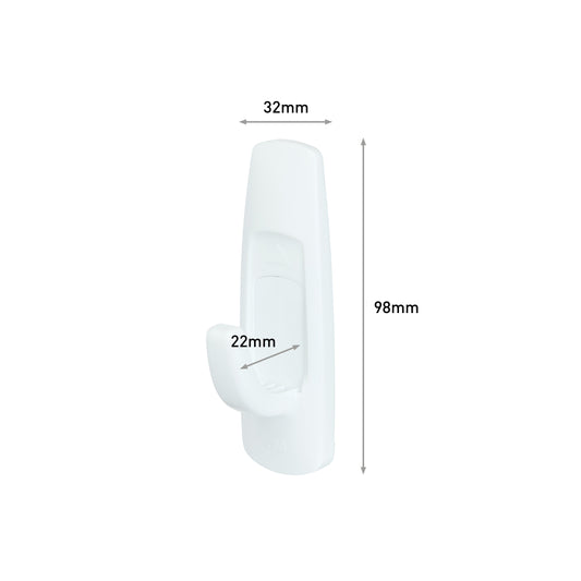 Der 3M Command™ Large Universal-Haken (17003-FGN) ist ein weißer Kunststoff-Wandhaken mit den Maßen 98mm (H) x 32mm (B) x 22mm (T), abgebildet auf einem schlichten weißen Hintergrund. Die Packung enthält 1 Stück.