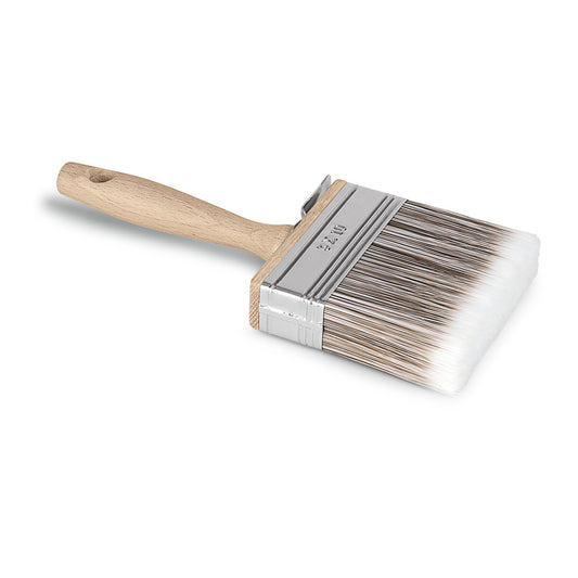 Der Nölle Profi Brush Prestige Maler-Flächenstreicher (10 cm, rostfrei) von Nölle Profi Brush Bürsten- & Pinseltechnik e.K. hat einen Holzgriff, synthetische Borsten und eine Metallzwinge; abgebildet auf weißem Hintergrund.