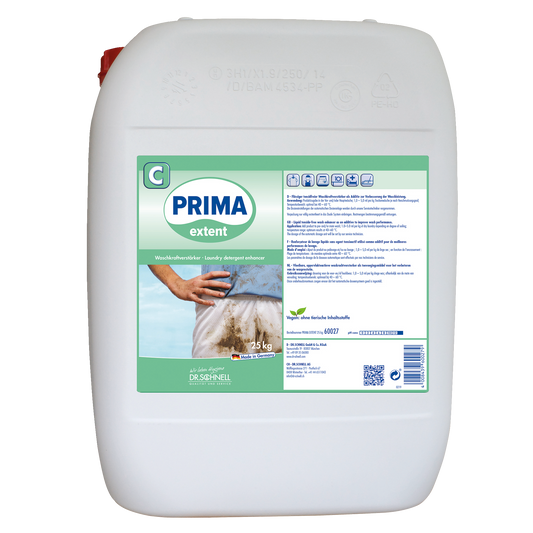 Ein weißer Kunststoffbehälter mit 25 kg Dr. Schnell PRIMA EXTENT Waschmittelverstärker von DR.SCHNELL GmbH & Co. KGaA, entwickelt für die professionelle Reinigung, mit dem Bild eines schmutzigen Hemdes und mehrsprachigen Anweisungen auf dem Etikett.