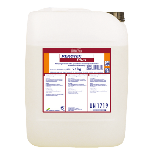 Ein weißer 25 kg Kunststoffbehälter der DR.SCHNELL GmbH & Co. KGaA PEROTEX PLUS Geschirrreiniger für gewerbliche Spülmaschinen ist mit einem rot-weißen deutschen Etikett mit Details und einem schwarzen Schraubverschluss versehen.