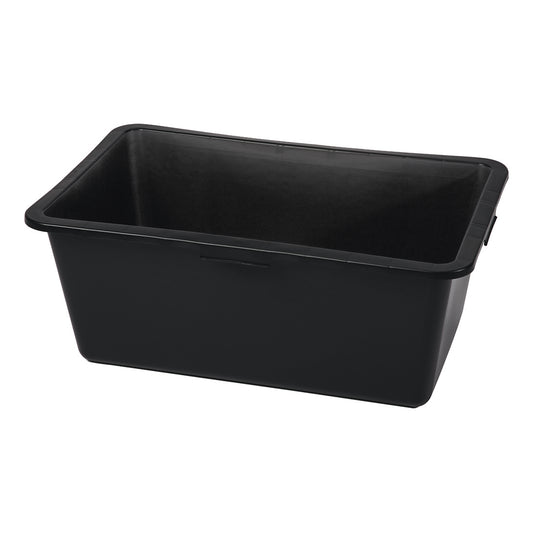 Der Nölle Profi Brush Mörtelkasten Kunststoff schwarz von Nölle Profi Brush Bürsten- & Pinseltechnik e.K. ist ein großer, rechteckiger Aufbewahrungsbehälter mit abgeschrägten Seiten, ohne Deckel - ideales Baustellen-Zubehör - auf einem schlichten weißen Hintergrund.