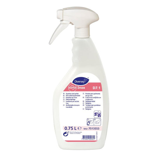 Eine weiße 750 ml Sprühflasche Diversey Suma Inox D7.1 Edelstahlpflege Emulsion von Diversey Deutschland GmbH & Co. OHG, mit weißer Sprühdüse und einem rosa-blauen Etikett mit mehrsprachiger Reinigungsanleitung für Edelstahl.