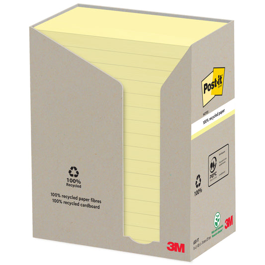Eine Schachtel mit 3M Post-it® Recycling Notes (76 mm x 127 mm, 100 Blatt, 100% PEFC) der 3M Deutschland GmbH ist teilweise aufgeschnitten, um die gestapelten Notizen im Inneren zu zeigen, und weist Recycling-Symbole und Branding auf der Verpackung auf.