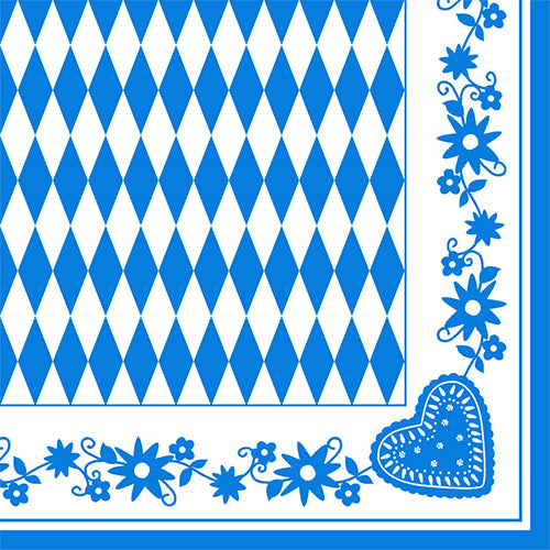 Die PAPSTAR Servietten 1/4-Falz, 40x40 cm, Bayrisch Blau (3-lagig) zeigen ein blau-weißes Rautenmuster mit blauen Blumenrändern und einem Herzmotiv. Erhältlich im 50er-Pack bei der PAPSTAR GmbH.