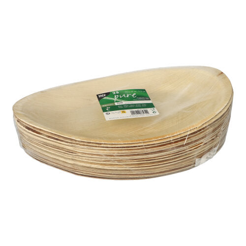 Ein Stapel PAPSTAR 25 Teller, Palmblatt „pure“ von PAPSTAR GmbH – oval, umweltfreundlich, biologisch abbaubar und in klarer Plastikverpackung mit grün-weißem Etikett.