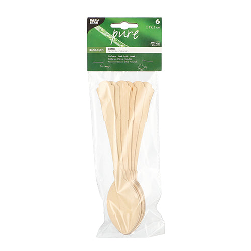 Eine transparente Packung mit sechs PAPSTAR „pure“ Vintage-Holzlöffeln (19,5 cm), gekennzeichnet als biologisch abbaubar und umweltfreundlich, von der PAPSTAR GmbH.