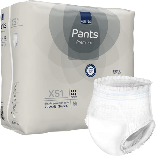 Abgebildet ist eine Packung mit 24 ABENA Pants XS1, Premium von Abena Re-Seller GmbH (Größe X-Small, Pull-up-Windeln für Erwachsene), wobei eine weiße Windel außerhalb der Verpackung mit Produktangaben und Symbolen versehen ist.