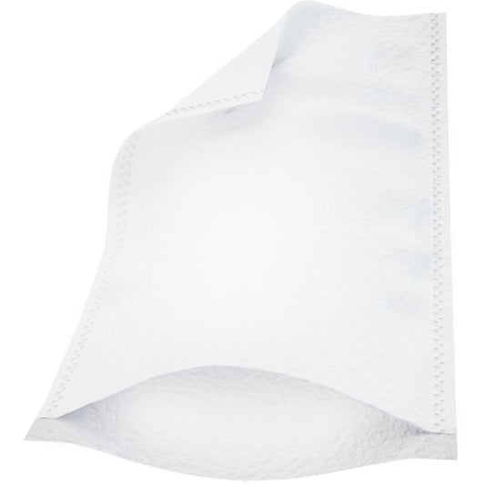 Eine Nahaufnahme eines einzelnen Abena Re-Seller GmbH Waschhandschuhs, 16x23 cm, Molton Ultra Sonic Weiß, zeigt die strukturierte, nicht gewebte Oberfläche mit sichtbaren Ultraschallnähten - ideal zur hygienischen Reinigung. Die Packung enthält 50 Paare.