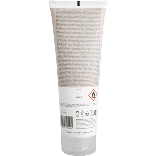 Rückansicht einer 250-ml-Tube Abena Re-Seller GmbH Aktiv Gel mit klein gedrucktem Text, Brennbarkeits- und Recyclingsymbolen sowie Produktinformationen auf einem weiß-beigen Etikett.