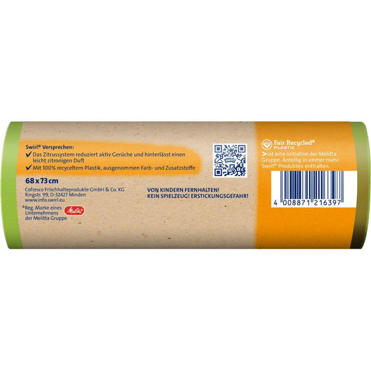Das Bild zeigt die Verpackung des Swirl Aktive Frische Müllbeutels 60 l Reißfest & Dicht (8 Beutel) von Melitta Europa GmbH & Co. KG mit Produktinformationen, Barcode, Sicherheitshinweisen und der Aussage „100 % recycelter Kunststoff“ auf einem braunen Etikett mit grünen Akzenten.