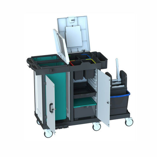 Der Arcora Bora Medical 750 X-Line Mit Boxensystem von Arcora International GmbH ist ein medizinischer Reinigungswagen (1415 x 600 x 1115 mm) mit vier Rädern, offenen Fächern, sichtbaren Ablagen und Regalen zur organisierten Aufbewahrung von Verbrauchsmaterial.