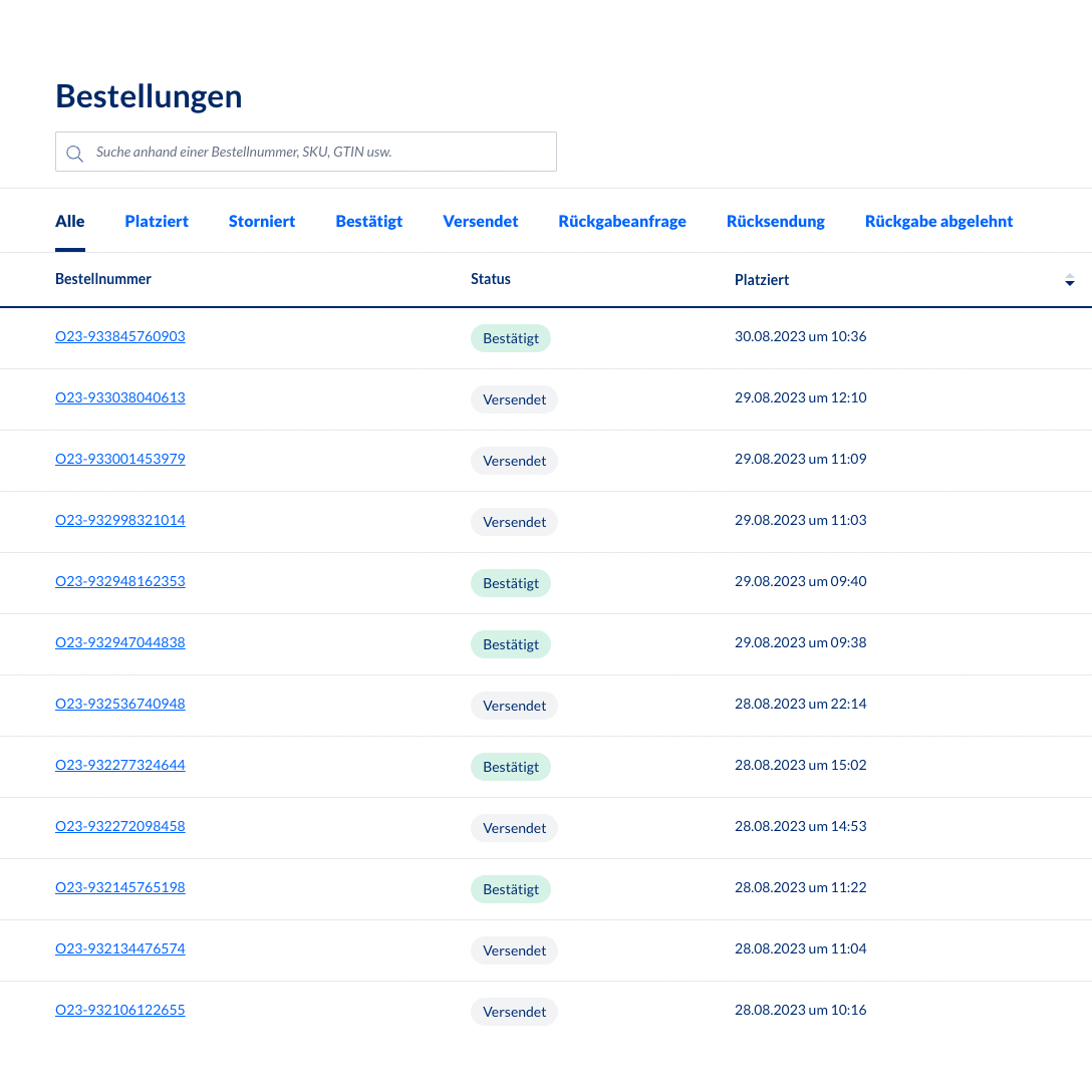Une capture d'écran du système de gestion des commandes en backend Altruan MetroSync: Metro Market vers le traitement des commandes Weclapp, affichant un tableau avec les numéros de commande et les mises à jour de statut. Chaque ligne contient le numéro de commande, le statut, le SKU, la date et l'heure de création. La plupart des statuts montrent