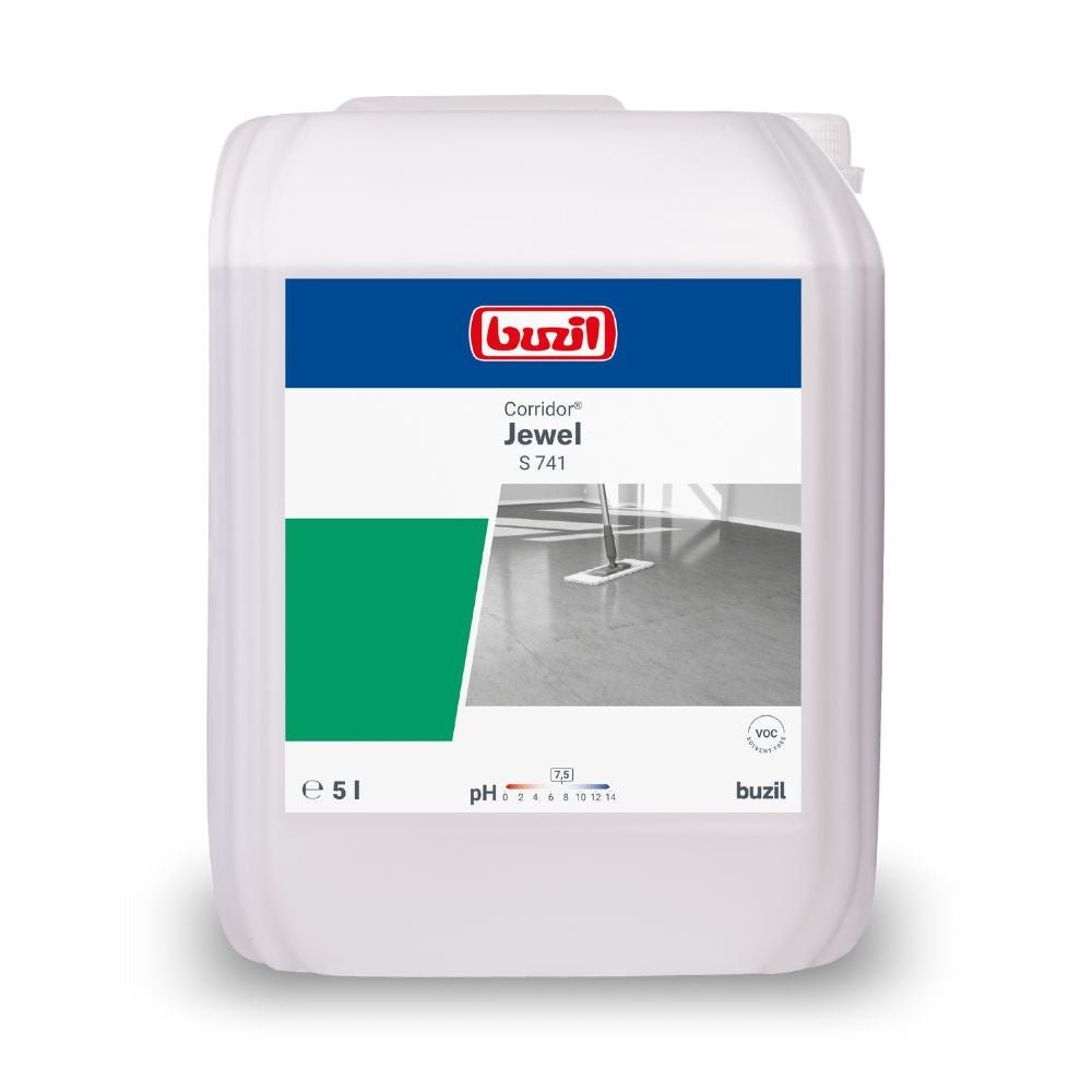 La photo représente un bidon de 5 litres contenant le nettoyant pour sols Buzil Corridor® Jewel S 741 « Hochleistungsdispersion » de la société BUZIL-WERK Wagner GmbH & Co. KG. L'étiquette comporte le logo de la marque, le nom du produit et l'image d'un sol brillant. Son pH est de 7,8 et il porte un symbole d'aptitude au PVC, ce qui le rend idéal pour le traitement des revêtements de sol.