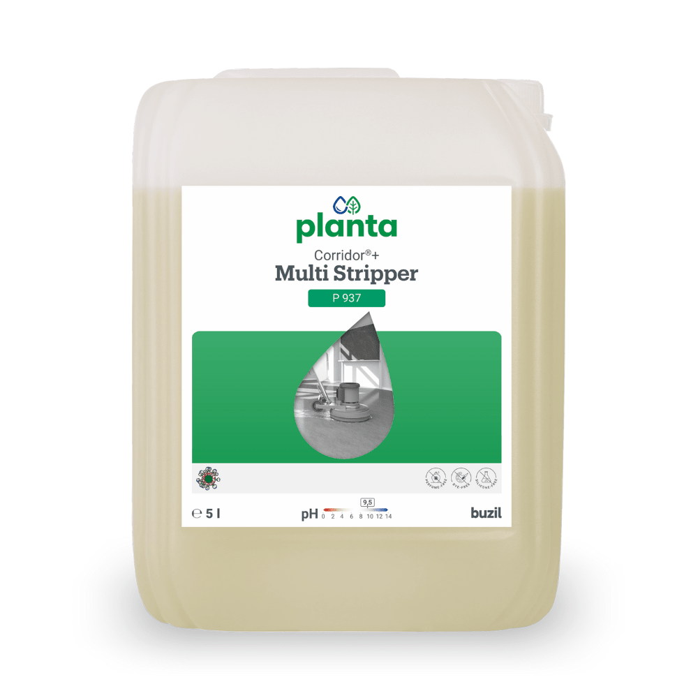 Un bidon de 5 litres contenant du Buzil Corridor® Power Stripper P 937, une solution nettoyante universelle haute performance pour sols proposée par BUZIL-WERK Wagner GmbH & Co. KG. L'étiquette est de couleur verte et blanche et comporte une petite illustration représentant le nettoyage des sols, un indicateur de pH ainsi que le logo Buzil, qui signale la compatibilité avec les matériaux.
