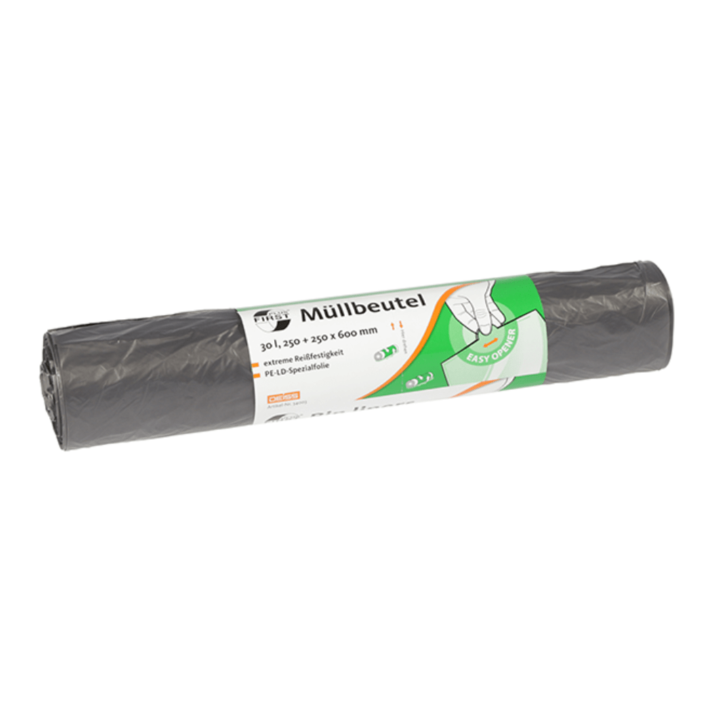 Un rouleau de sacs poubelle gris DEISS 34003 de la société EMIL DEISS KG (GmbH + Co.) comporte une étiquette avec des symboles de recyclage et des informations sur le produit en allemand pour des sacs poubelle de 30 litres. L'étiquette mesure 250 + 250 x 600 mm et représente une main illustrant le système « Easy-Opener » qui permet de vider facilement le sac.