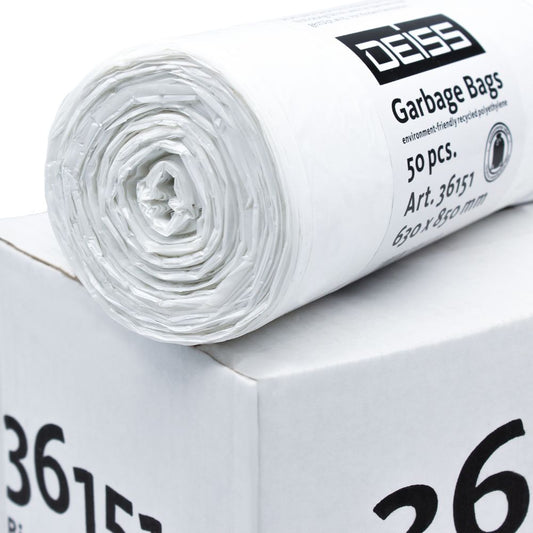 Auf einer weißen Kiste liegt eine Rolle weißer Müllsäcke, die mit 50 Stück beschriftet ist. Sie bestehen aus umweltfreundlichem Recycling-LDPE und sind mit dem Markennamen „EMIL DEISS KG (GmbH + Co.)“ gekennzeichnet. Diese DEISS LDPE Müllsäcke 80 Liter, Produktnummer 36151, bieten eine nachhaltige Möglichkeit zur Abfallbewirtschaftung.