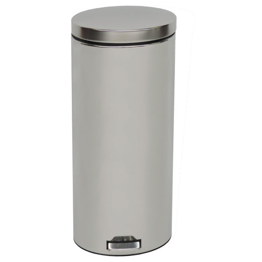 Der Novocal Tretabfalleimer aus korrosionsbeständigem Chromstahl mit geschlossenem Deckel und Fußpedal ermöglicht ein hygienisches, handfreies Öffnen; inkl. Inneneimer, 1 Stück je Packung.