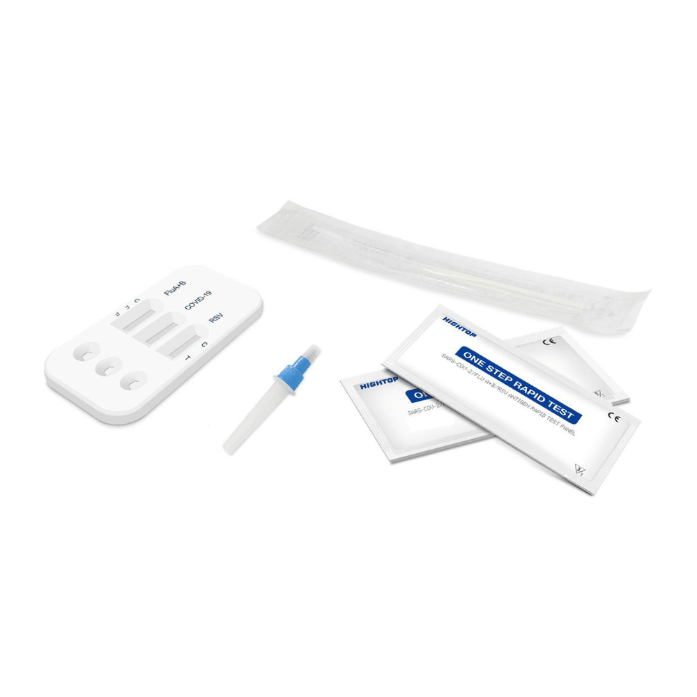 Un test rapide professionnel HighTop pour la grippe A/B, le VRS et la Covid-19 – boîte de 20 | Emballage (20 tests) sur fond blanc, comprenant un dispositif de test, un écouvillon stérile, un tampon d'extraction d'échantillon et des notices d'utilisation.